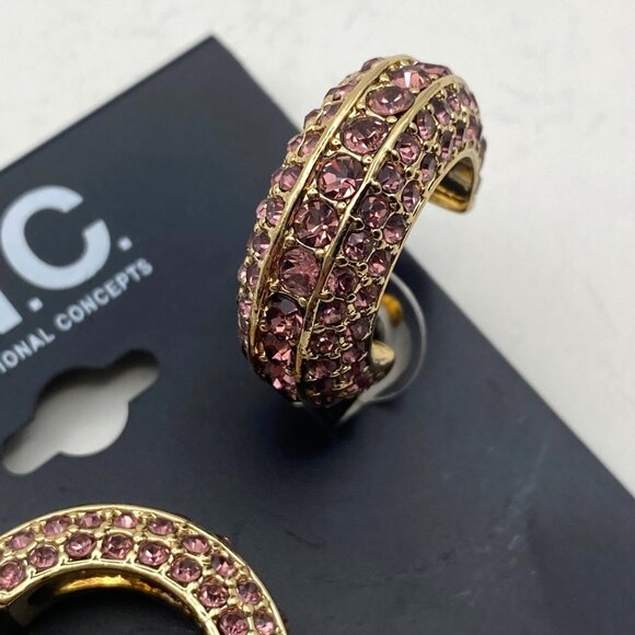 NWT Gold-Tone Pink Rhinestone Hoop Earrings Pierced 1" INC International Concept - Picture 3 of 8